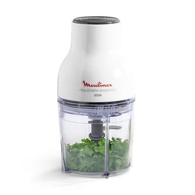 Moulinex Hachoir électrique, 400 ml, 300 W, 4 lames, Fonctions 3-en-1, Emince, Hache, Mixe, Système de pression simple, Moulinette Essential DJ520110, Blanc