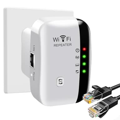 Repeteur WiFi 2.4 GHz, Amplificateur Wi-FI 300Mbp/s 360° Couverture, Repeteur WiFi Puissant avec Port Ethernet et Câble RJ-45 Compatible avec Tous Wi-FI Appareils