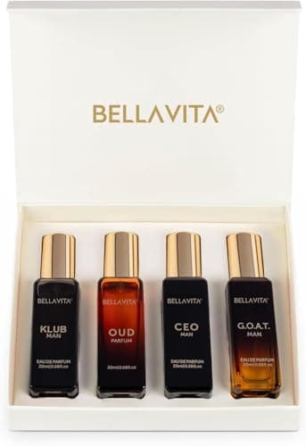 Bellavita Coffret cadeau de luxe pour homme avec CEO Man, Klub, Oud & G.O.A.T. | Profils de parfum aromatique boisé aux agrumes épicés | Coffret cadeau (4 × 20 ml) | Coffret cadeau de parfum pour