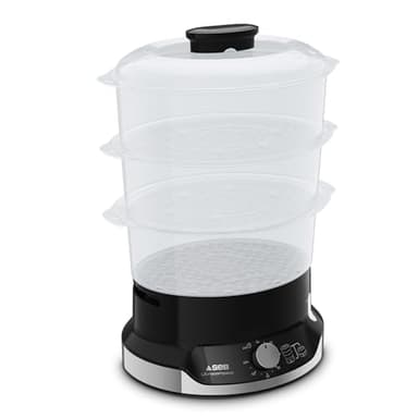 Seb Ultracompact Cuiseur vapeur, Cuisson saine, 9 L, 800 W, 3 bols empilables, Bac à riz et céréales, Minuteur 60 min, Arrêt automatique, Niveau d'eau visible, Facile à ranger VC204800