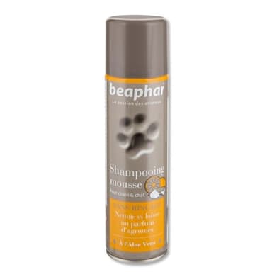 BEAPHAR – Shampoing Mousse sans rinçage à l'Aloe Vera pour Chien et Chat – Nettoie, nourrit, protège et parfume Le Poil aux Agrumes – Pratique et Facile à Utiliser – Flacon 250 ML