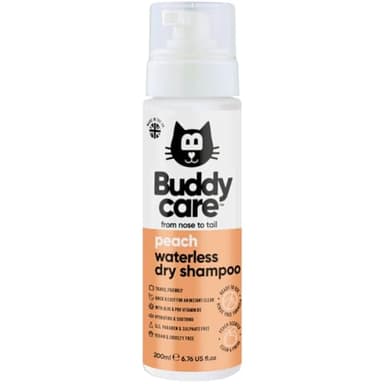 Shampooing Sec sans Rinçage pour Chat à la Pêche par Buddycare | Shampooing Nettoyant en Profondeur pour Chats | Parfum Frais | avec Aloe Vera et Pro-Vitamine B5 (200ml)