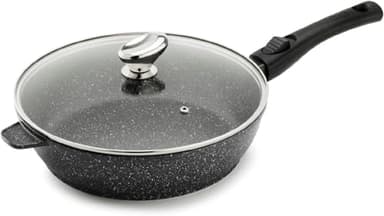 Pradel Excellencee - PCUI001008 - Sauteuse Ø28 cm avec Couvercle Verre - Fonte d’Aluminium - Revêtement Antiadhésif façon pierre - Manche Amovible - Tous Feux Induction, Noir