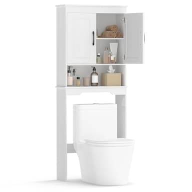 LIFEZEAL Meuble Dessus Toilette/Machine à Laver, Meuble de Salle de Bain avec 2 Portes et Etagère Réglable, Armoire de Salle de Bain Autoportante (Blanc)