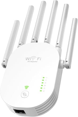 Repeteur WiFi Puissant Amplificateur WiFi avec 6 antennes, 2 LAN,Mode Répéteur & Routeur & AP, Compatible avec Toutes Les Box Internet Ethernet - Intérieur/Extérieur WiFi Booster de Signal Internet