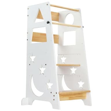 LEADZM Tour d Observation Enfant Montessori，Tour d'apprentissage，3 Hauteurs en Bois, Stabilité Anti-Bascule et Découverte des Formes（Blanc+Nature）