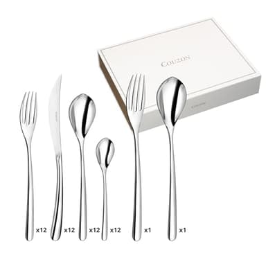 COUZON - Ménagère 50 couverts de table en coffre bois pour 12 personnes - Elixir - Acier inoxydable 18/10, Finition Miroir, Epaisseur 3 mm - Inox