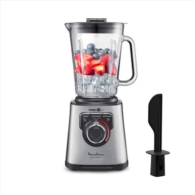 Moulinex Blender PerfectMix+ 1200W, Lames Powelix, Bol Verre 2 L, 3 Programmes Automatiques, Vitesse ajustable, Fonction Pulse, Mixage Rapide, Smoothie, Glace Pilée, Gris Argent, LM811D10