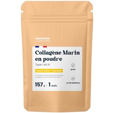 Collagene Marin Poudre Type 1 et 3, Saveur Pêche, Peptides Hydrolysés 2000 DA, Peau Hydratée & Articulations Souples, Sachet 157g, 5g par jour, Cure de 30 jours, Essentials by Novoma