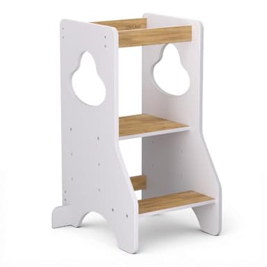 COSYLAND Tour d Observation Montessori Réglable en Hauteur pour Enfants de 18 Mois à 6 Ans, Chaise d Apprentissage Sécurisée en Bois, Design Moderne et Stable, Idéale pour Bébé - Blanc/Naturel