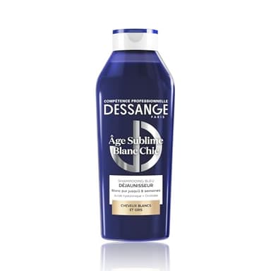 DESSANGE - Shampoing Bleu Déjaunisseur Âge Sublime Blanc Chic - Formule Enrichie En Acide Hyaluronique & Extrait D'Orchidée - Neutralise Les Reflets Jaunes - Cheveux Blancs & Gris - 280ml