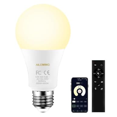 AILEMING Ampoule LED E27 avec télécommande 2,4 GHz ampoule intelligente A60 12w à changement de couleur pour luminaire 100W Equivalent 1000lm dimmable 2700-6500k 1 ampoule et 1 télécommande