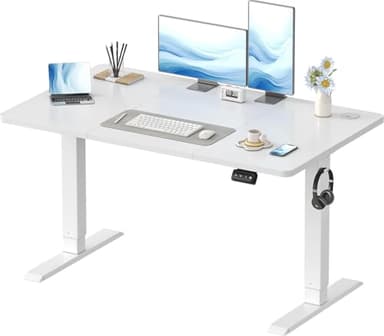 Devoko Bureau Assis Debout électrique réglable en Hauteur 120 x 60 cm avec tiroirs, Port de Charge USB-A d'ordinateur avec Plateau de Gestion des câbles sur Pied avec 3 Fonctions mémoire, Blanc
