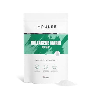 Collagène Marin Hydrolysé Type 1 Peptan® en Poudre avec Vitamine C - Complément Alimentaire Récupération, Articulations & Peau - 270g - Goût neutre - Fabriqué en France - IMPULSE NUTRITION