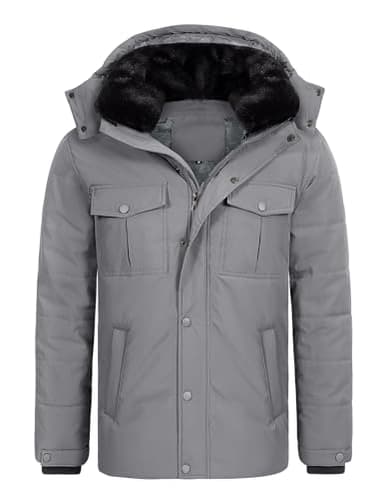 Tuopuda Homme Manteau d'hiver Chaud, Vestes Polaire Décontracté Parka Doublure Coupe Mince Manteaux Amovible Capuche Coupe-Vent Doudoune Zippé Épais Blouson Outercoat, Gris, XL