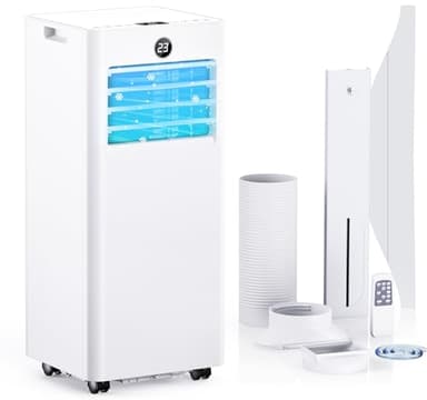 Climatiseur Mobile 7000 BTU, Climatiseur avec Télécommande, Refroidissement/Ventilation/Déshumidification/Mode Sommeil 4 en 1, Minuterie 24h, Roulettes 360°, Inclus Tuyau d'échappement & Kit Fenêtre