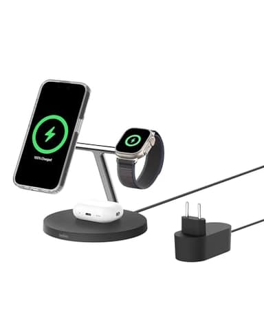 Belkin BoostCharge Station de Recharge 3-en-1 avec Qi2, Chargeur MagSafe Compatible pour Les modèles de l'iPhone 17, iPhone Air, Apple Watch, AirPods, Pixelsnap, Adaptateur Inclus - Noir