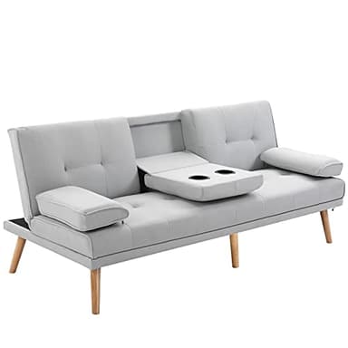 HOMCOM Canapé Convertible 3 Places, canapé-lit rembourré avec Dossier réglable 3 Niveaux, 2 Coussins et 2 Porte-gobelets intégrés, Tissu de Lin, pour Salon, Chambre d'amis, Petit Espace, Gris Clair