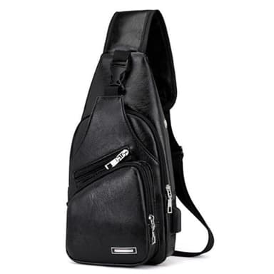 Aucuu Sac de Poitrine Homme en Cuir PU, Étanche Sacoche Bandoulière Rétro avec USB Ports, Grande Capacité pour Affaires Randonnée Cyclisme Voyage