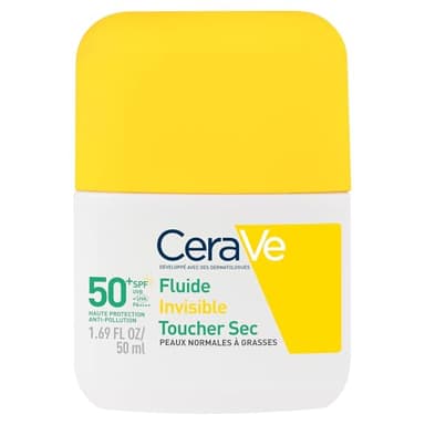 CeraVe, Fluide Invisible Toucher Sec SPF 50+, Très Haute Protection Solaire Visage, Peaux Normales à Grasses, Matifiant 12H, Sans Traces Blanches, Base Maquillage, Niacinamide et Vitamine E