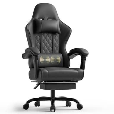 TRIUMPHKEY Chaise de Jeu Ergonomique avec Massage Lombaire, Fauteuil Gaming, Repose-Pieds Rétractable, Dossier Réglable, Confort Quotidien, Gaming et Bureau, Noir