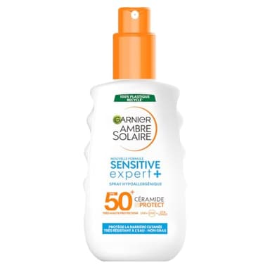 GARNIER Ambre Solaire Sensitive Expert+ - Spray Protection Solaire FPS 50+ - Protège des UVA, UVB Et UVA Longs - Résiste à L'eau - Enrichi en Céramides - Tous Types de Peaux - 150 ml