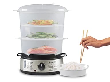 BEPER BC.250 Cuiseur Vapeur de 9 Litres avec Minuteur - Cuiseur Vapeur Électrique pour Cuiseur de Riz, Poisson, Raviolis, Légumes, Viande, Sans BPA
