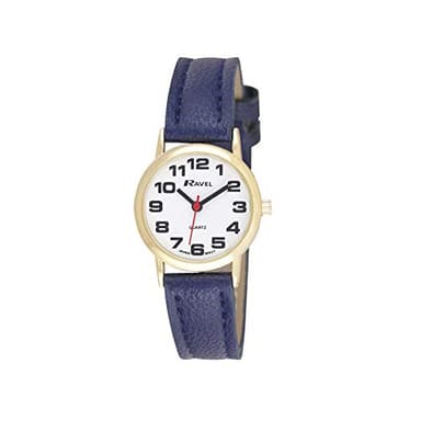 Ravel - Montre Bracelet Femme Facile à Lire avec de Gros Chiffres - Cadran Blanc/Ton Or/Bleu