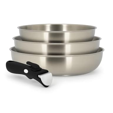 MENASTYL - Lot de 3 poêles inox 18/10 amovibles Iris Inox sans PFAS - Tous feux dont induction, four, réfrigérateur et lave-vaisselle - Empilables et résistantes - Poignée double sécurité