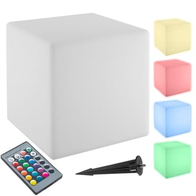 tectake® Cube lumineux LED multicolore avec telecommande 16 couleurs Table basse Pouf Lampe jardin T.L (43x43x43cm) Luminaire exterieur Éclairage extérieur Eclairage piscine Salon de jardin exterieur