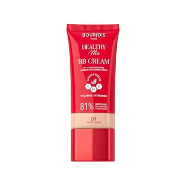 Bourjois Healthy Mix, 01 Ivoire, BB Crème, Fond de teint en crème, Couvrance et hydratation toute la journée, Vitamines C, E et B5, Formule clean et vegan, 30 ml