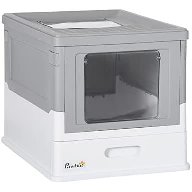 PawHut Bac à litière pour Chat Maison de Toilette fermé Pliable Double Porte battante et supérieure + Pelle + tiroir à litière Nettoyage Facile - 47,5 x 35,5 x 36,7 cm Gris Blanc