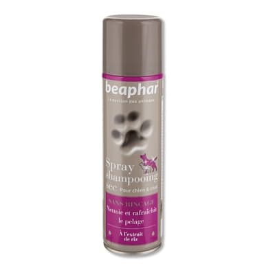 BEAPHAR – Spray shampoing sec pour chien et chat – À l’extrait de riz – Nettoie & rafraîchit le pelage – Absorbe l’excès de sébum, sensation de fraîcheur – Sans rinçage – Facile à appliquer – 250 ml