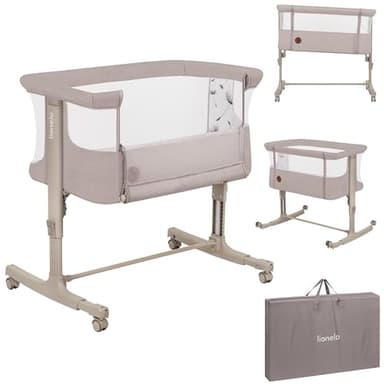 lionelo Aurora 3 en 1 Lit bébé jusqu'à 9 kg Cododo, Berceau Réglage de la Hauteur et de l’Inclinaison du Matelas 4 roulettes avec Freins Matelas Ergonomique Sac (Beige)
