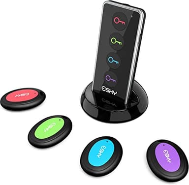 Esky Localisateur d'objets, Localisateur de Clés 4 Récepteurs et 1 Émeteur 80 DB Travail de 39,9m sans Fil RF avec LED Lampe de Poche et Support de Base pour Retrouver Les clés Chiens Chats