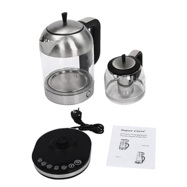 Bouilloire électrique en verre et machine à thé 2 l + 1 l - 1800 W - Design amovible - Passoire à thé pour thé en vrac et thé aux fleurs