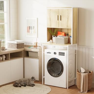 ELUCHANG Meuble au-Dessus de Machine à Laver, E1 MDF+Métal, Étagère Réglable 6,4cm, X-Support+Anti-basculement, pour WC & Buanderie,Chêne Clair+Blanc,67x40x174cm