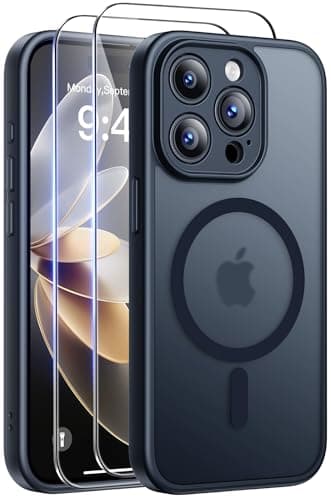 FLLAO Coque pour iPhone 15 Pro Max(6,7 Pouces) avec 2 Verres Trempés, Compatible avec Mag Safe, Coque Mat Translucide Fine Antichoc, PC Dur Housse Arrière Anti-Rayures + TPU Bumper Antichoc, Noir