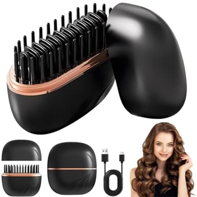 Mini lisseur sans fil,Brosse Lissante Sans Fil 2 en 1 Mini Rechargeable USB, Peigne Chauffant à 3 Températures (160-200°C), Brosse Coiffante Anti-Brûlure pour Cheveux Lisses & Boucles (Noir)