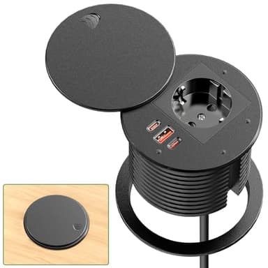 Prise Encastrable avec 2 USB C PD 35W et USB QC 30W, Multiprise Encastrable Plan de Travail avec Couvercle, Bloc Prise Escamotable pour la Cuisine, Le Bureau, Les Meubles, 1,8M de Câble, Noir