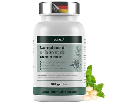 EXVital® Complexe d’huile d’origan & d’huile de nigelle, 180 gélules véganes, 100 mg d’huile d’origan & 1000 mg d’huile de nigelle par jour, 80% de carvacrol, hautement dosé & sans additifs