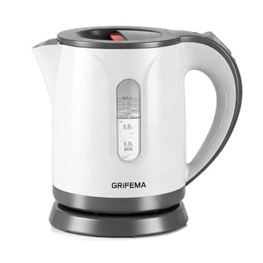 GRIFEMA GC1001 Bouilloire Électrique 0,8L/1100W Puissance Ébullition Chauffage Rapide, Filtre Anti-Calcaire Amovible et Lavable, Niveau d'Eau Visible et Arrêt Automatique, Socle sans Fil pour Ranger