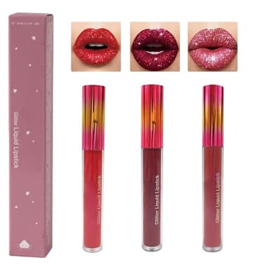 HSLFUAI 3 pièces Kit de rouge à lèvres liquide mat à paillettes longue durée pour femmes diamant brillant paillettes imperméable rouge à lèvres brillant à lèvres