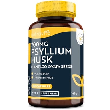 Psyllium Blond Bio 1400 mg par Dose - 180 gélules végane - Fabriqué à partir de graines de Plantago Ovata 100% pures − Fabriqué au Royaume-Uni par Nutravita