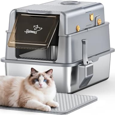 Bac à Litière en Acier Inoxydable, PalNests XXL Litter pour Chat avec Couvercle à 105° et Pelle, Litière en Métal Amovible avec Charbon Actif, 3 en 1 Litiere à Bords Hauts avec Désodorisant