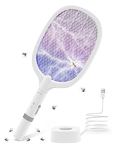 AOKKR Raquette Électrique Insectes, Raquette Anti-Moustiques à Lumière UV 4000V 2 en 1, 1800mAh USB Rechargeable Tapette à Mouches Électrique avec Base de Recharge, Efficace pour Intérieur Extérieur
