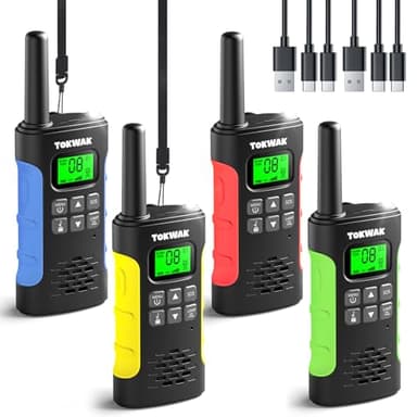 Tokwak Talkie Walkie Longue Portée Rechargeable par USB C, Lot de 4 Talkies-Walkies Enfants Adultes 16 Canaux VOX Lampe Torche, Walkie Talkie PMR446 Batterie Li-on pour Camping, Randonneé, Vélo, Fêtes