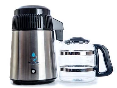 LOER Distillateur d'eau - Megahome Noir 580W, Carafe en Verre, Bec Porcelaine+ 6 filtres + Nettoyant cuve.