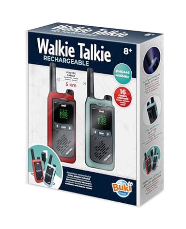 Talkie-Walkie Rechargeable Longue Portée 5 km – Lot de 2 avec Batteries Lithium et Chargeur Double – 16 Canaux, Lampe, Clip Ceinture – Conversations Claires – Enfant & Adulte dès 8 Ans - BUKI France