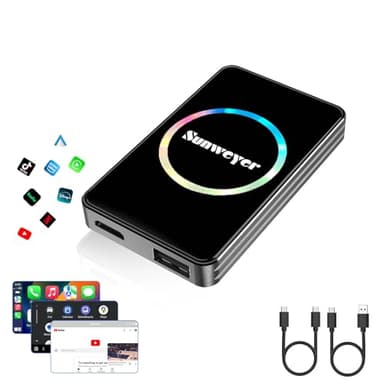Sunweyer Adaptateur CarPlay sans Fil pour Voiture - Compatible avec Netflix, Youtube, Hulu, Disney+, Adaptateur sans Fil Android Auto avec LED, Facile à Installer 3 en 1, Double WiFi